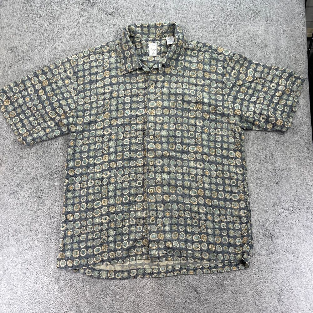 Bumka Bibas Shirt Mens Large Gray Geometric Silk Hawaiian Camp Collar Button Up